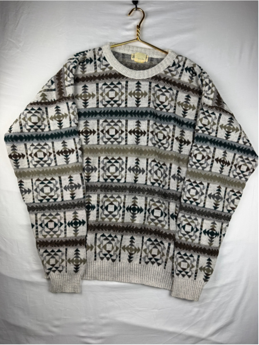St Johns Bay Southwestern Geometric Knit Sweater Mens XLT Aztec Beige Vintage